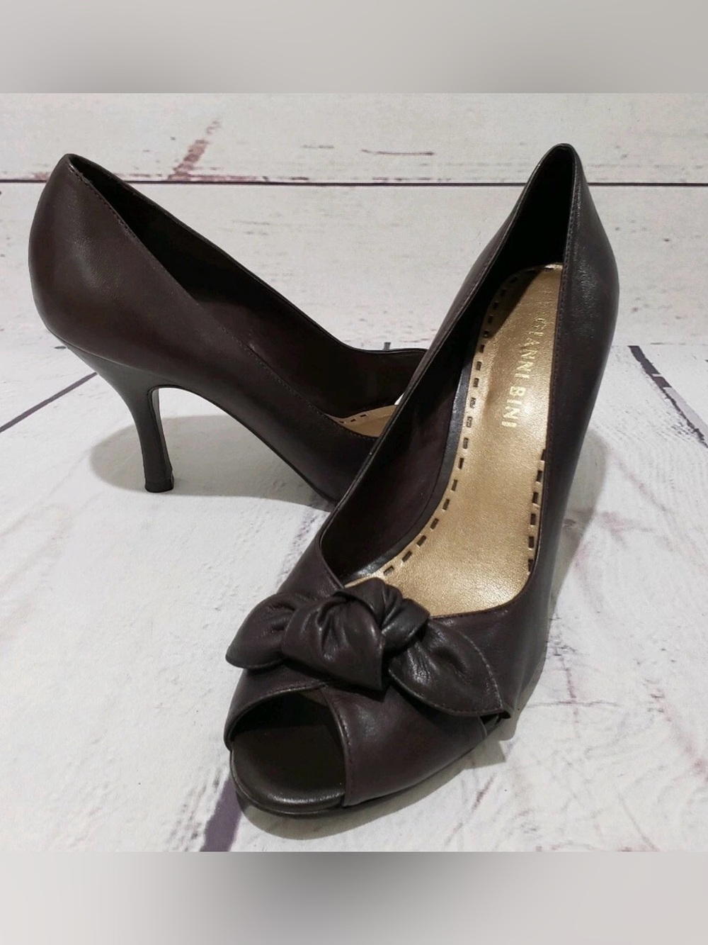 Gianni Bini Dark Brown Leather Peep-Toe Knot Pumps